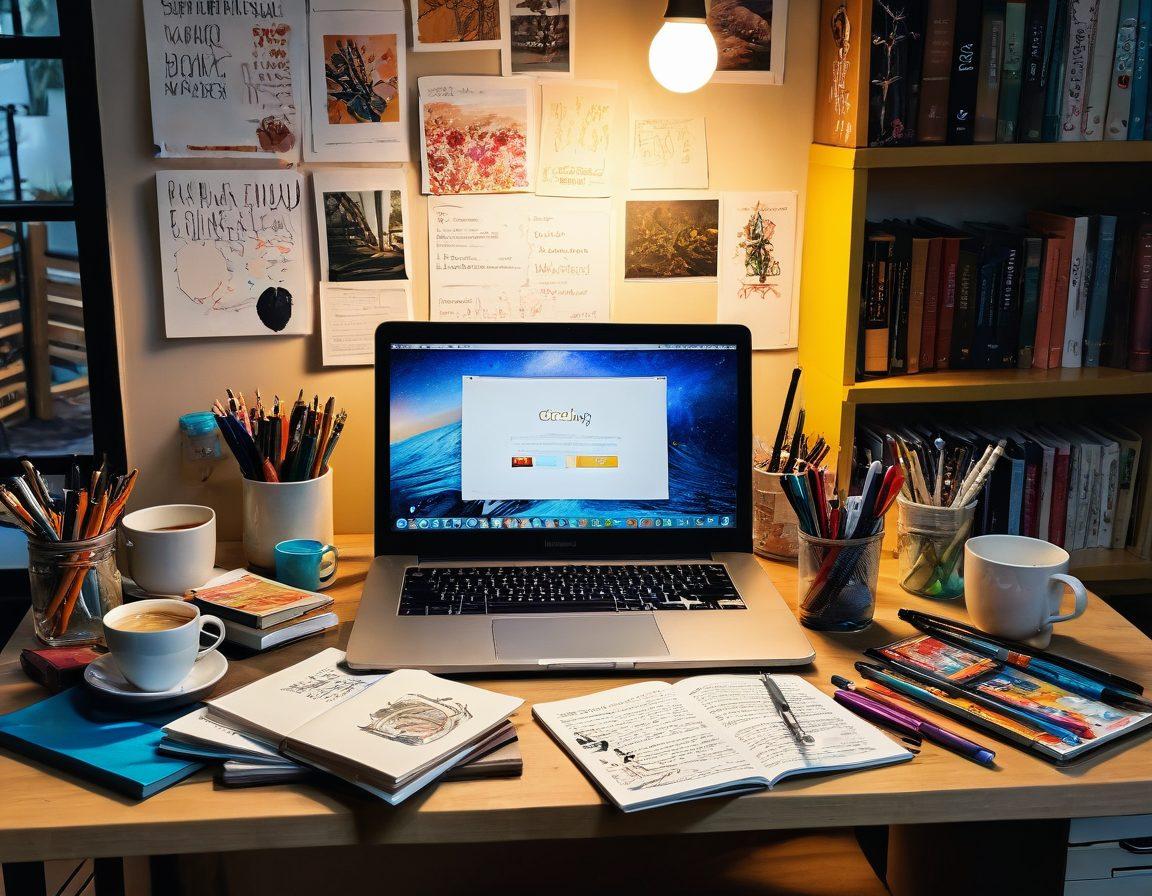 A whimsical workspace filled with colorful art supplies, an open laptop displaying a creative blog interface, and a steaming cup of coffee beside it. Soft, ambient lighting in a cozy room, with sketches and notes scattered around, capturing the essence of inspiration. An overflowing bookshelf in the background, symbolizing knowledge and creativity. surrealist style. vibrant colors. warm tones.