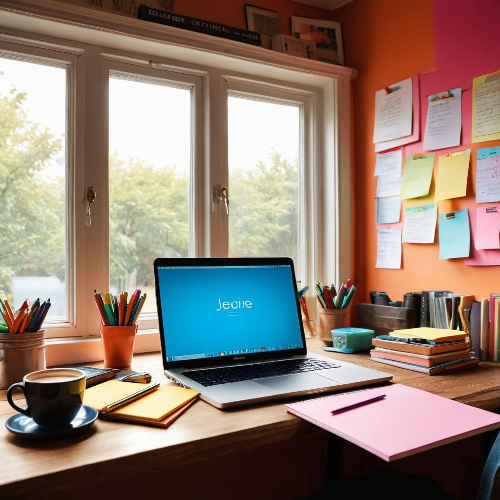 An inspiring workspace with a sleek laptop open to a well-designed blog, surrounded by books and notebooks filled with ideas. A warm light filters through a window, highlighting a coffee cup and some creative tools like pens and sticky notes. A chalkboard in the background showcases an inspiring quote about leadership. super-realistic. vibrant colors. bright background.