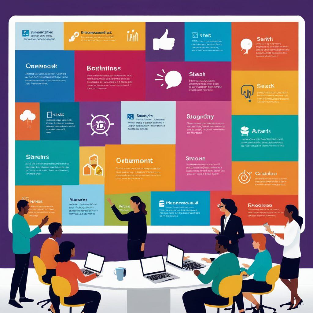 A diverse group of people collaborating around a large digital screen displaying colorful diagrams and user-generated content. Illustrate a vibrant community atmosphere with individuals of different backgrounds sharing ideas and engaging actively. Include elements like speech bubbles or icons representing various forms of content, like photos and comments. Create a warm, inviting environment with bright colors and dynamic expressions. vector art. vibrant colors. 3D.